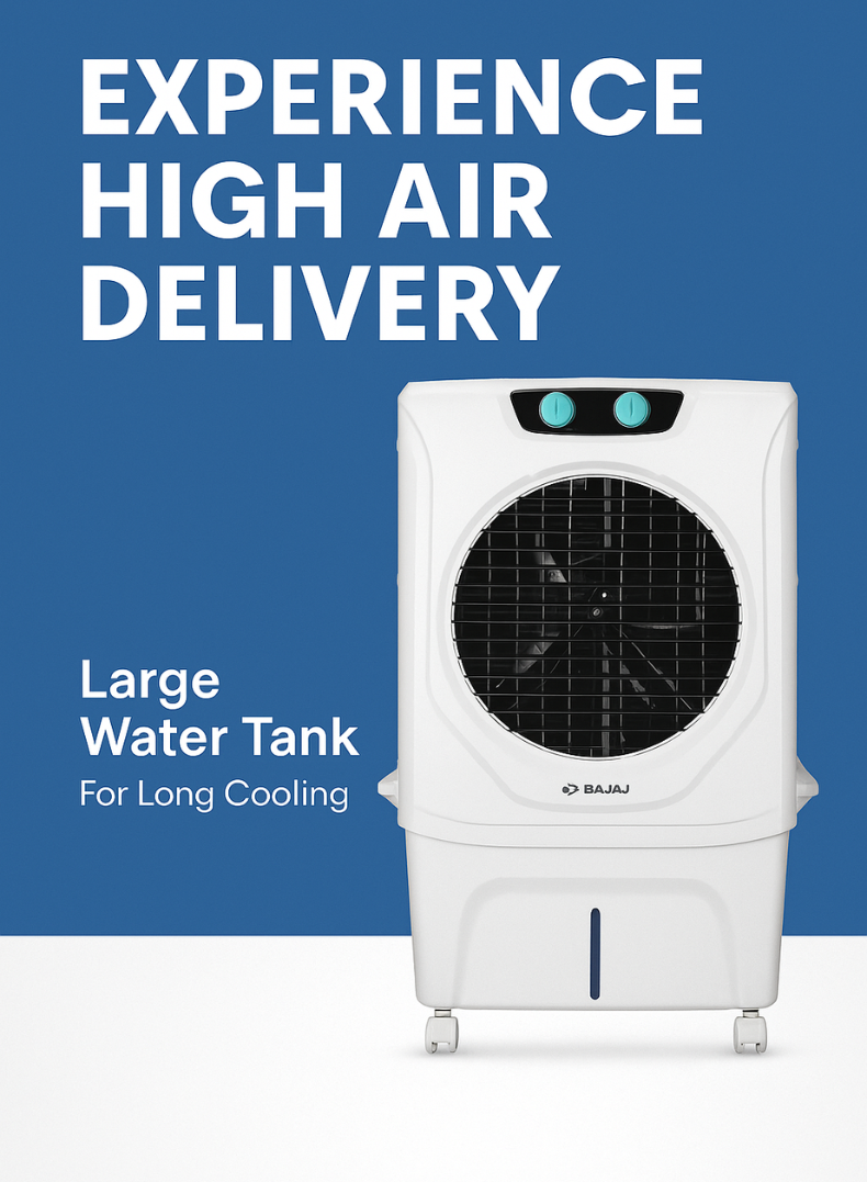 Bajaj Shield Series 70 Litres Air Cooler – Powerful Desert Cooler for Large Rooms, Honeycomb Cooling Pads, Turbo Fan Technology, Ice Chamber, Inverter Compatible, Low Power Consumption 480137 white