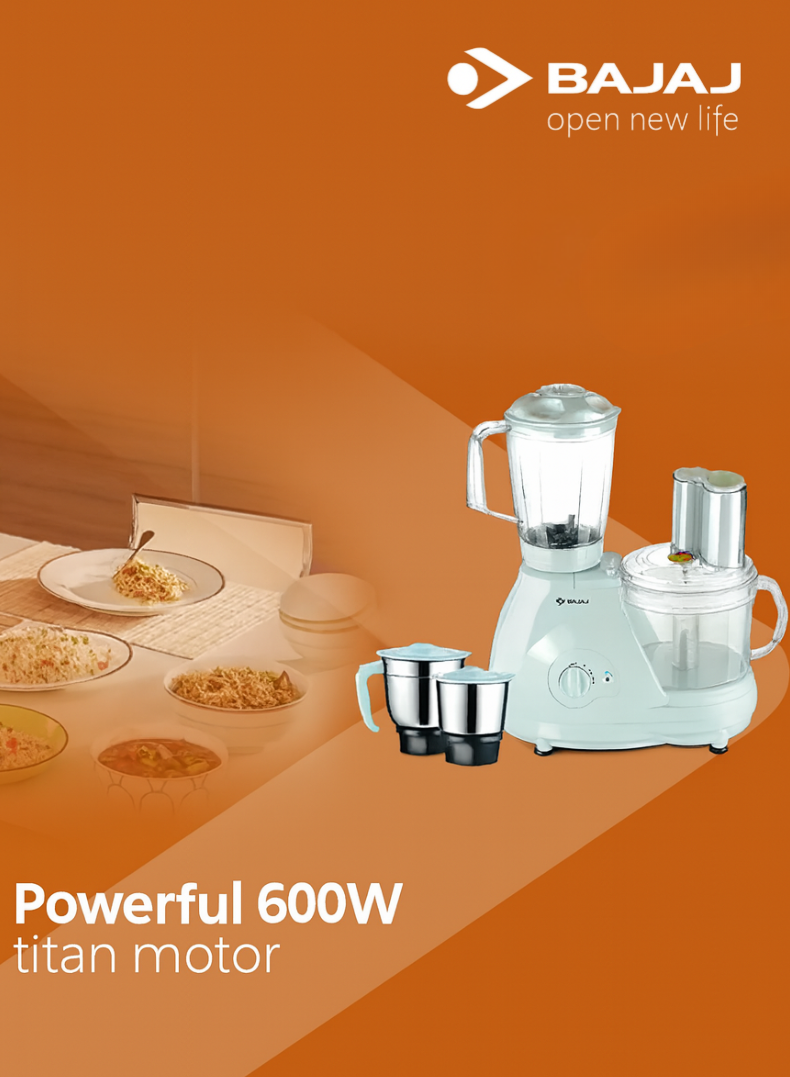 Bajaj 13 in 1 FX11 Food Factory Food Processor, Motor, Multiple Jars & Attachments, Stainless Steel Blades, Safety Lock & Overload Protection – 600 W 410524 blue