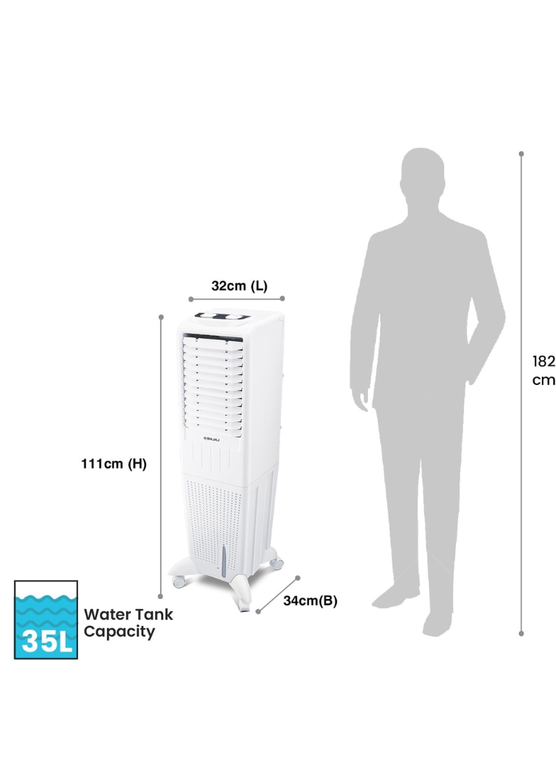 Bajaj TMH 35 Litres Personal Air Cooler – Compact & Powerful Cooler with Honeycomb Pads, High Air Delivery, Ice Chamber, Inverter Compatible, Energy Efficient Cooling for Bedrooms & Offices 480108 White
