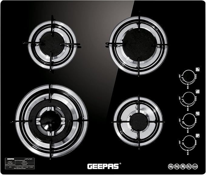 Geepas GK4410 4-Burner Gas Cooker-Tempered Glass Worktop, Automatic Ignition, 4 heating Zones-2 Year warranty