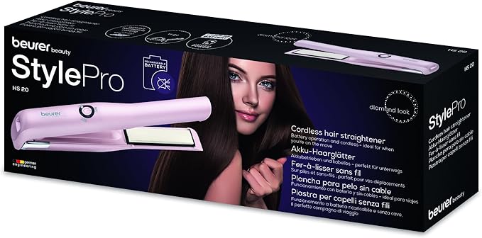 Beurer HS20 Cordless Rechargeable Hair Straightener With USB Charging Cable, 3 Fast-Heating Temperature Settings And Heat-Resistant Cover, Ideal For Travelling