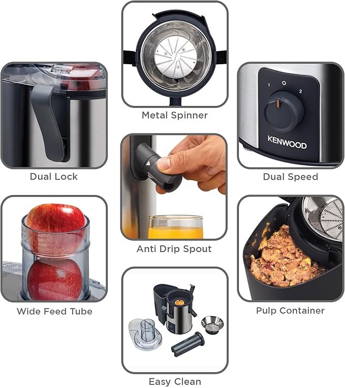 Kenwood Juicer 700W Stainless Steel Juice Extractor with 75mm Wide Feed Tube, 2 Speed, Transparent Juice Jug, Pulp Container, Anti Drip for Home, Office, Restaurant &Cafeteria JEM50.000BS Silver/Black