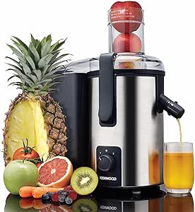 Kenwood Juicer 700W Stainless Steel Juice Extractor with 75mm Wide Feed Tube, 2 Speed, Transparent Juice Jug, Pulp Container, Anti Drip for Home, Office, Restaurant &Cafeteria JEM50.000BS Silver/Black