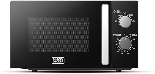 BLACK+DECKER Microwave Oven, 20L, 700W, 5 Power Levels, Defrost Function, 35-Min Timer, 255mm Glass Turntable for Even Cooking, Easy-Clean Cavity, Stylish Chrome Knobs – Black, MZ2005P-B5