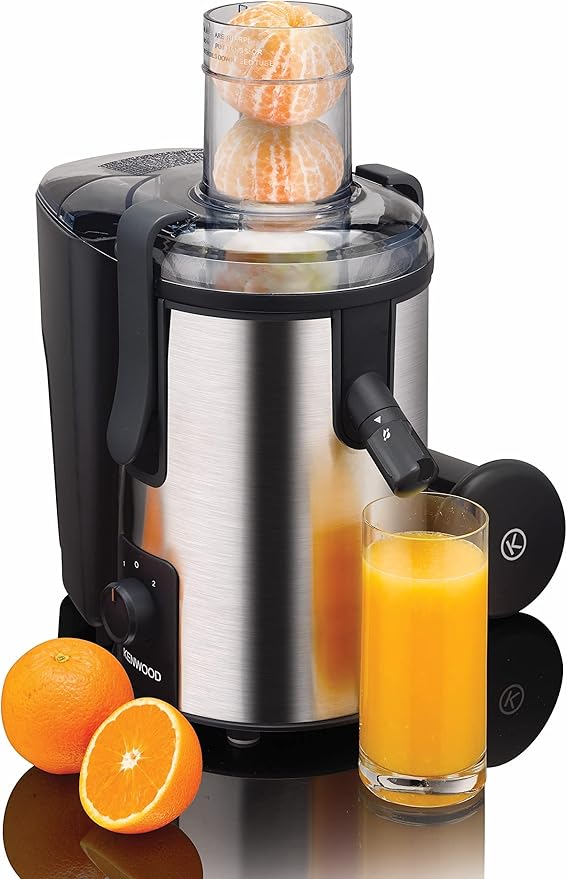Kenwood Juicer 700W Stainless Steel Juice Extractor with 75mm Wide Feed Tube, 2 Speed, Transparent Juice Jug, Pulp Container, Anti Drip for Home, Office, Restaurant &Cafeteria JEM50.000BS Silver/Black