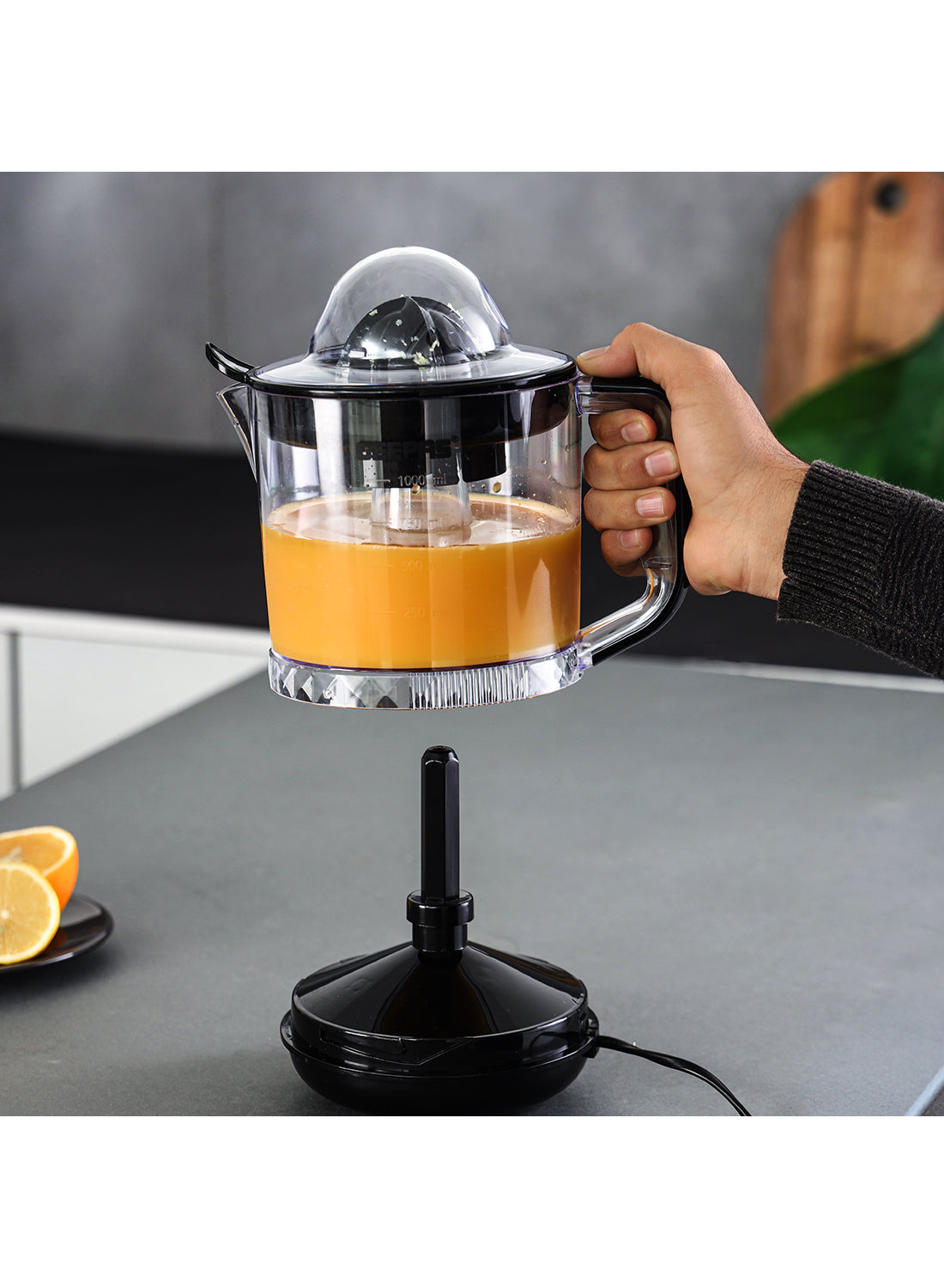 Geepas 1 L Citrus Juicer 25 W| Set includes 2 Cones, Jar and a Transparent Lid| Automatic Juicer for making Orange Juice, Lemon, and so on| Plastic Body with Non-Slip Feet| 2 Years Warranty 1 L 25 W GCJ9900N Yellow/White