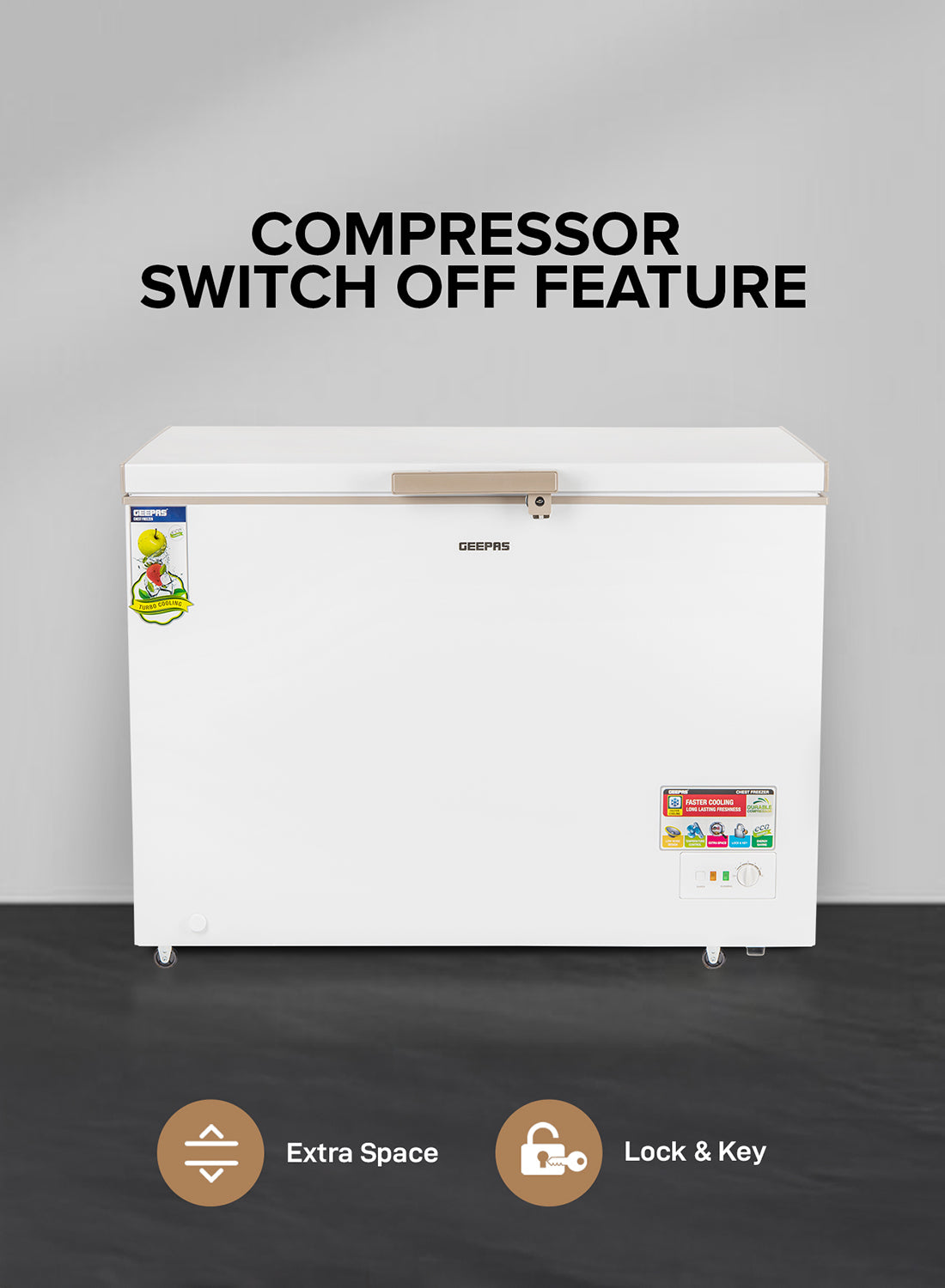 GEEPAS Chest Freezer, Freestanding Chest Freezer | 350L Deep Freezer with Adjustable Thermostat | 2pc Food Basket Included | LED Light | Comes with Lock & Key 350 L GCF3506WAH White