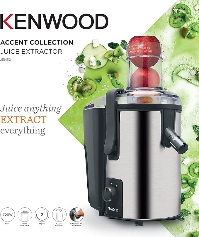 Kenwood Juicer 700W Stainless Steel Juice Extractor with 75mm Wide Feed Tube, 2 Speed, Transparent Juice Jug, Pulp Container, Anti Drip for Home, Office, Restaurant &Cafeteria JEM50.000BS Silver/Black