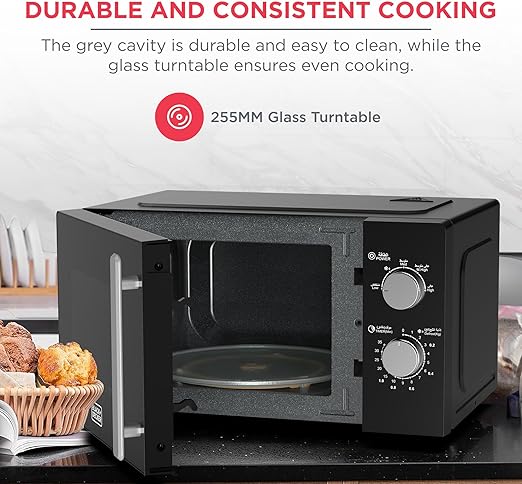 BLACK+DECKER Microwave Oven, 20L, 700W, 5 Power Levels, Defrost Function, 35-Min Timer, 255mm Glass Turntable for Even Cooking, Easy-Clean Cavity, Stylish Chrome Knobs – Black, MZ2005P-B5