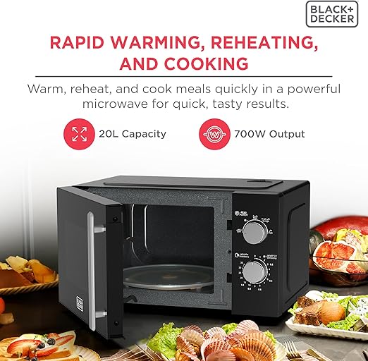 BLACK+DECKER Microwave Oven, 20L, 700W, 5 Power Levels, Defrost Function, 35-Min Timer, 255mm Glass Turntable for Even Cooking, Easy-Clean Cavity, Stylish Chrome Knobs – Black, MZ2005P-B5