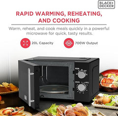 BLACK+DECKER Microwave Oven, 20L, 700W, 5 Power Levels, Defrost Function, 35-Min Timer, 255mm Glass Turntable for Even Cooking, Easy-Clean Cavity, Stylish Chrome Knobs – Black, MZ2005P-B5