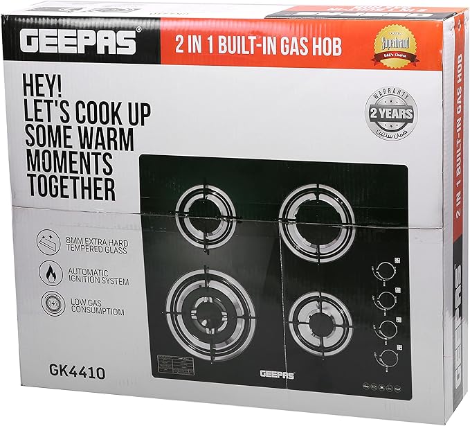 Geepas GK4410 4-Burner Gas Cooker-Tempered Glass Worktop, Automatic Ignition, 4 heating Zones-2 Year warranty