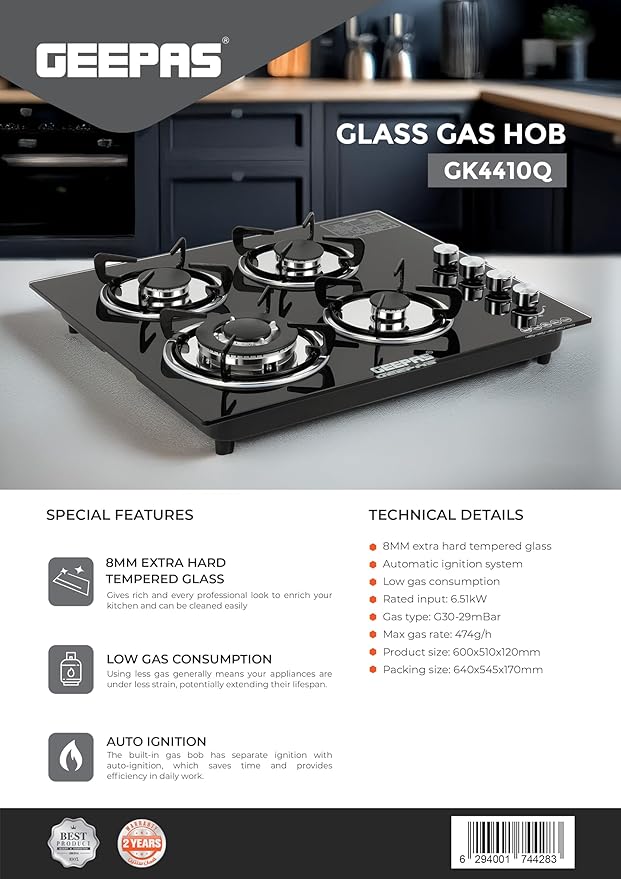 Geepas GK4410 4-Burner Gas Cooker-Tempered Glass Worktop, Automatic Ignition, 4 heating Zones-2 Year warranty