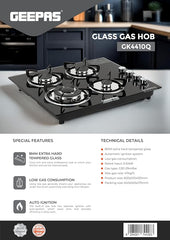 Geepas GK4410 4-Burner Gas Cooker-Tempered Glass Worktop, Automatic Ignition, 4 heating Zones-2 Year warranty