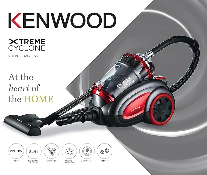 KENWOOD Vacuum Cleaner 2200W Multi Cyclonic Bagless Canister Vacuum Cleaner 3.5L with 5m Cable, Multi-Surface, Cleanable Hepa Filter, Anti Bacteria, Pet Care for Home & Office VBP80.000RG Grey/Red