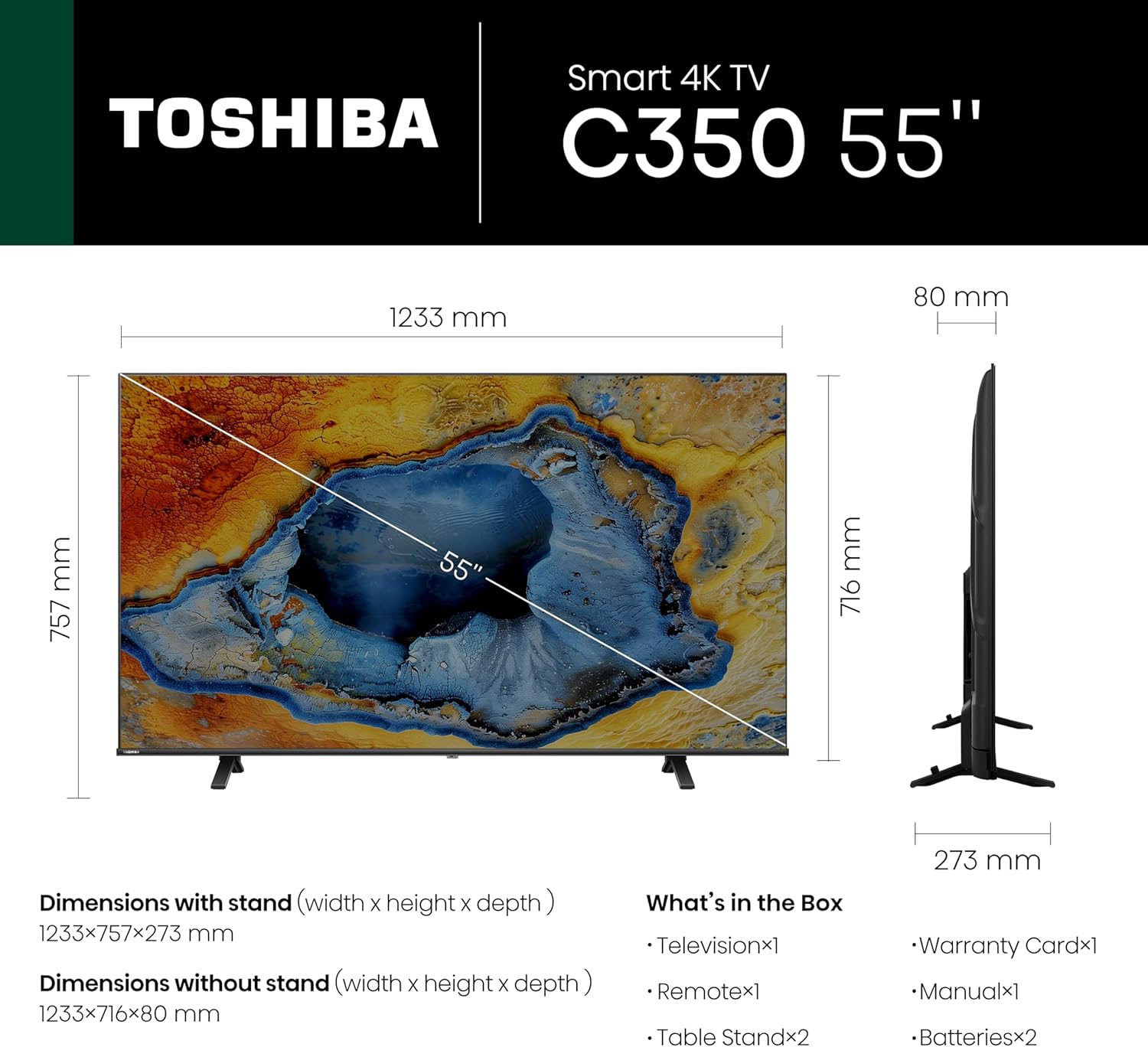 Toshiba 55 inch UHD Smart TV C350N -, AI 4K Upscaling, REGZA Power Audio, Ultimate Motion, Sports Mode, DTS X, Game Mode, Dolby Vision Atmos (2024 Model)