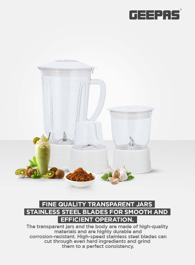 Geepas multi-Functional 4-In-1 Food Processor (Juicer/Blender/ Grinder & Chopper) With Plastic Jar With SS Blades,2 Speed Control With Pulse 1.8 L 650 W GSB6147N White