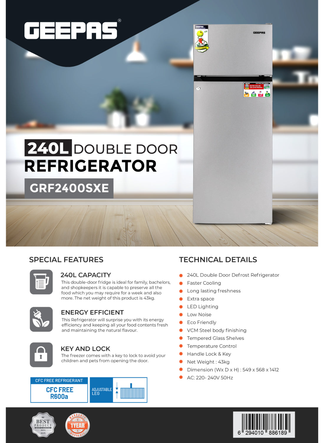 GEEPAS 240L Gross/205L Net Capacity Double Door Defrost Refrigerator 37L Freezer Capacity 265 L GRF2400SXE Silver