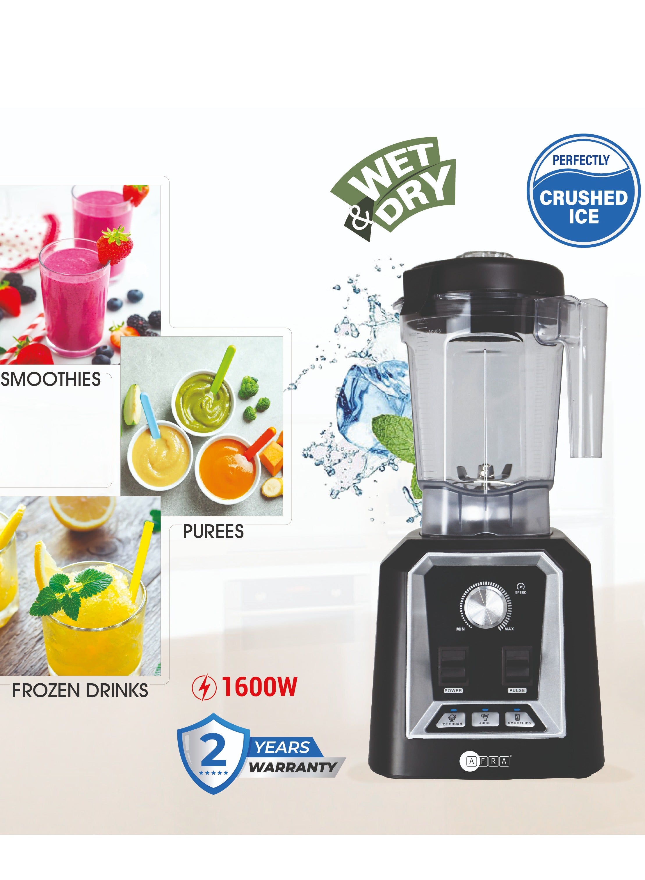 AFRA High-Speed Blender | 1600W | 2000ML Unbreakable Jar | 6 PCS SUS Blades | 100% Pure Copper Motor | Time Setting | ETL, CB, GS, CE Certified | 2-Year Warranty 2 L 1600 W AF-162PBBK black