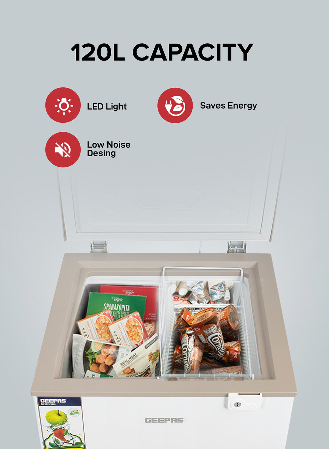 Geepas 120L Gross/100L Net Capacity Free Standing Chest Freezer With Compressor Switch Off Function, LED Light, Lock & Key, High Efficiency Monolithic Foaming, 1 Food Basket, Adjustable Thermostat 120 L 100 W GCF1206WAH White