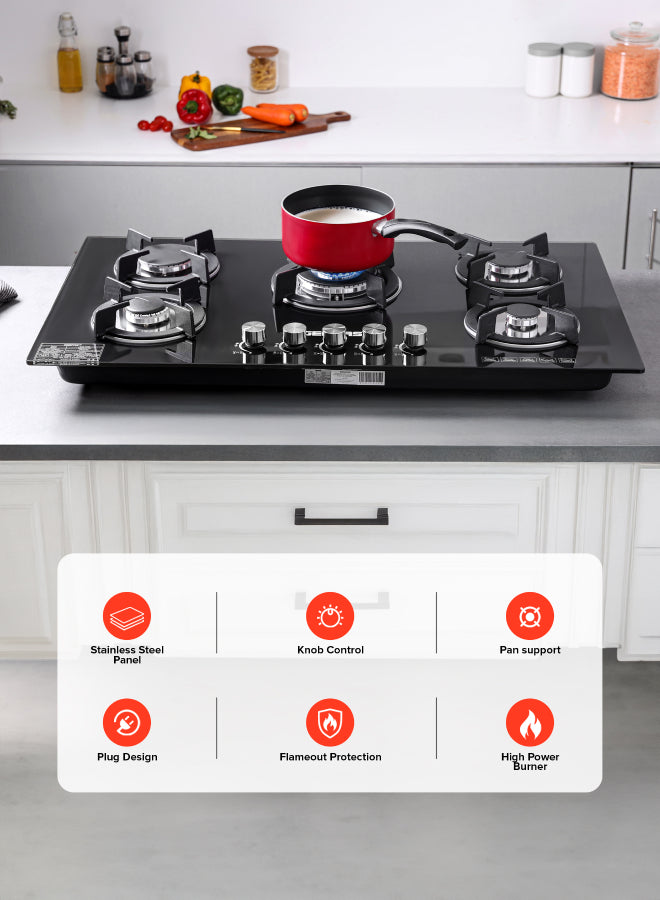 Geepas 5-Burner Gas Hob - Attractive Design, 8mm Tempered Glass Worktop - Automatic Ignition, 5 Heating Zones |Ergonomic Design, Stainless Steel Body