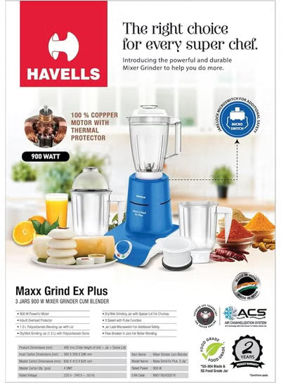 Havells Maxx Grind Ex Plus 900W Mixer Grinder cum Blender – Copper Motor, 1.5L Blender Jar, 2 Wet & Dry Jars, Convertible Chutney Jar Lid, Blue & White