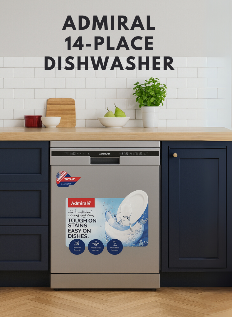 Admiral Freestanding Dishwasher, 14 Place Setting, 7 Auto Programs, Silent & High Energy Efficient, Half Load Function, Rapid Wash, Child Lock, Off -Peak Wash, Extra Drying, 1 Year Warranty 14 L 1800 W ADDW147USCP Silver