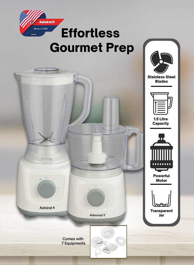 Admiral 1.5L Food Processor with 800W Motor, Multi-Function Shredding, Slicing, Kneading, Whisking, Juicing & Blending – Model ADFP9081 (White)