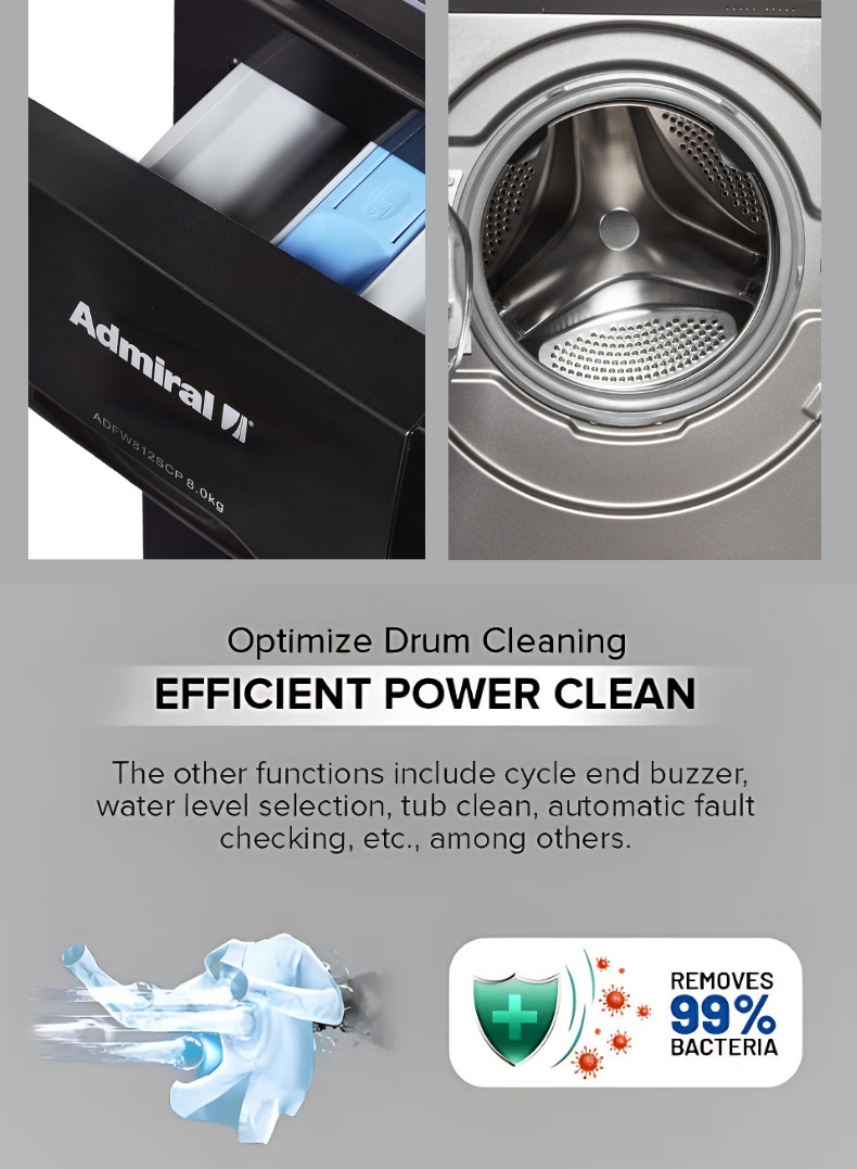Admiral 8 kg Front‑Load Washer & 5 kg Dryer Combo – BLDC Inverter Motor, 1200 RPM Spin, LED Display, 12‑Program Washing, Air‑Wash & Anti‑Foam – Model ADWD85SICP ADWD85SICP Silver