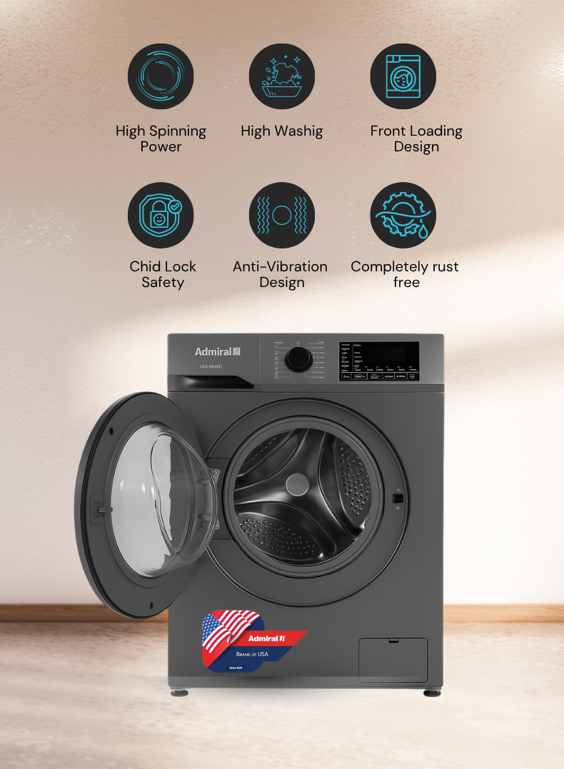 Admiral 8 kg Front‑Load Fully Automatic Washing Machine with 1200 RPM Spin, LED Display, 15 Wash Programs, Auto‑Restart, Child‑Lock & Stainless Steel Drum – Elegant Silver Finish-ADFW812SCP 8 kg ADFW812SCP Silver