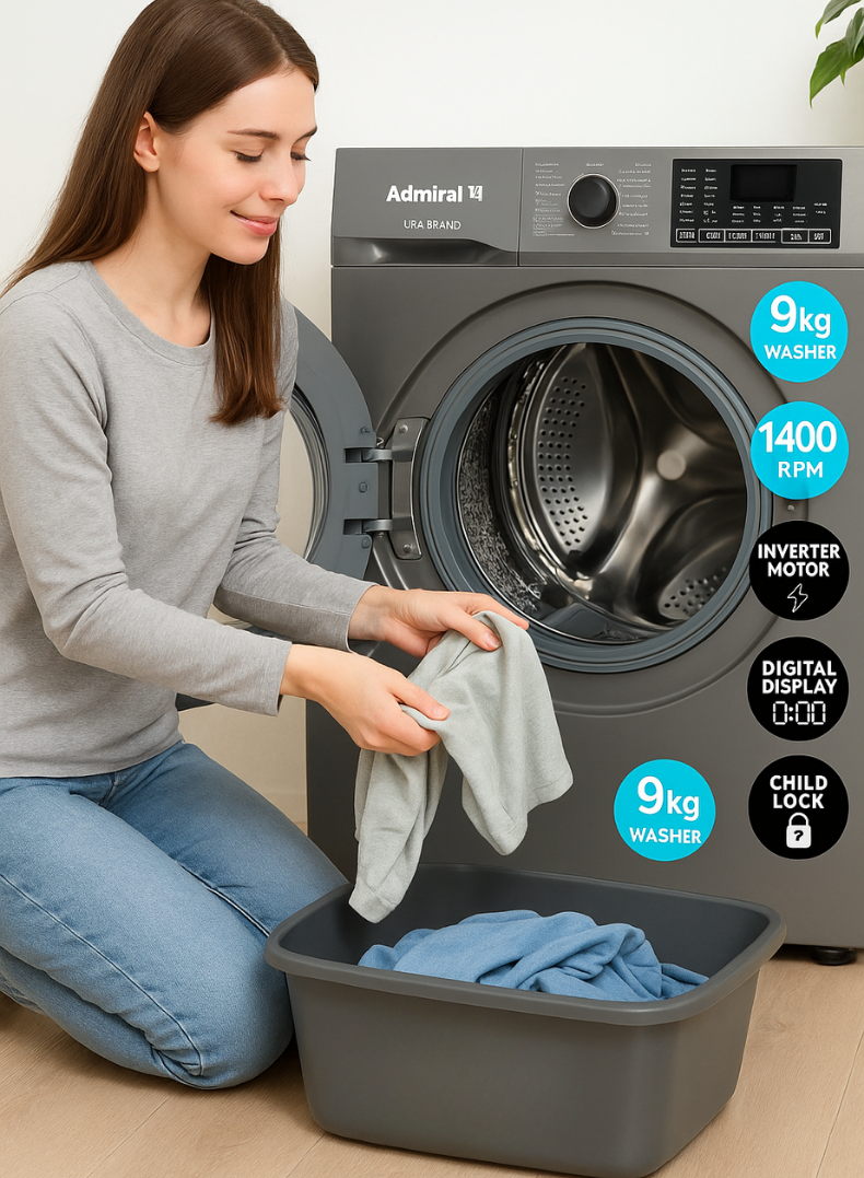 Admiral  9kg Front Load Fully Automatic Washing Machine with Inverter Motor, 1400 RPM Spin Speed, LED Digital Display, Multiple Fabric Care Programs, Energy Efficient Operation & Elegant Silver Finish – Ideal for Modern Homes 9 kg ADFW914SCP Silver