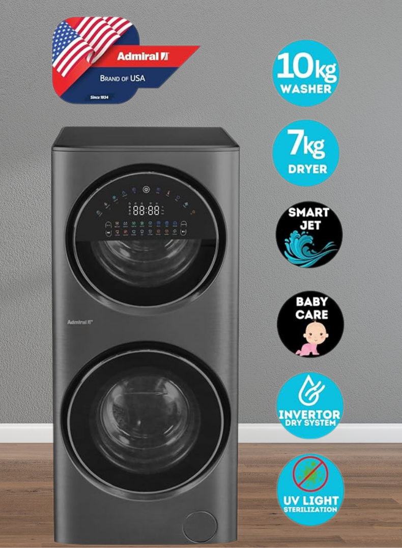 Admiral Front‑Load Washer (7 kg) & Dryer (10 kg) Laundry Combo – Smart‑Jet, Dual Inverter Motors, Touch Panel, UV‑Sterilization, Stainless Steel Tub – Model ADLC157SICP 10 kg ADLC157SICP Black