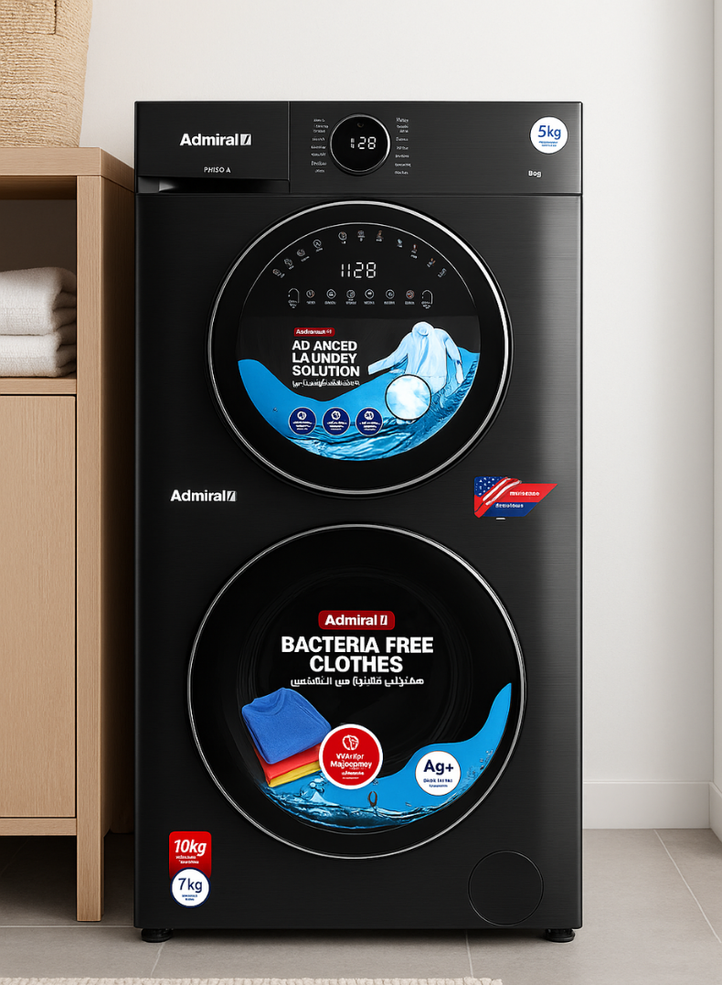 Admiral Front‑Load Washer (7 kg) & Dryer (10 kg) Laundry Combo – Smart‑Jet, Dual Inverter Motors, Touch Panel, UV‑Sterilization, Stainless Steel Tub – Model ADLC157SICP 10 kg ADLC157SICP Black