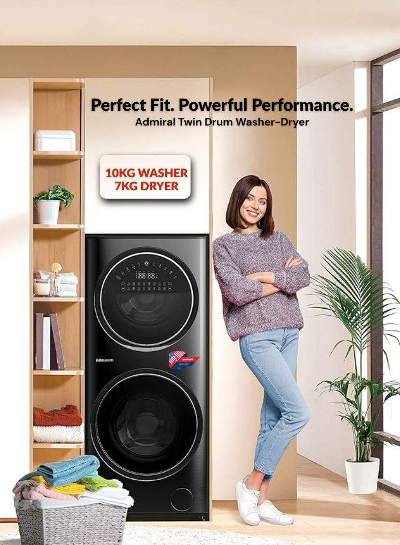 Admiral Front‑Load Washer (7 kg) & Dryer (10 kg) Laundry Combo – Smart‑Jet, Dual Inverter Motors, Touch Panel, UV‑Sterilization, Stainless Steel Tub – Model ADLC157SICP 10 kg ADLC157SICP Black