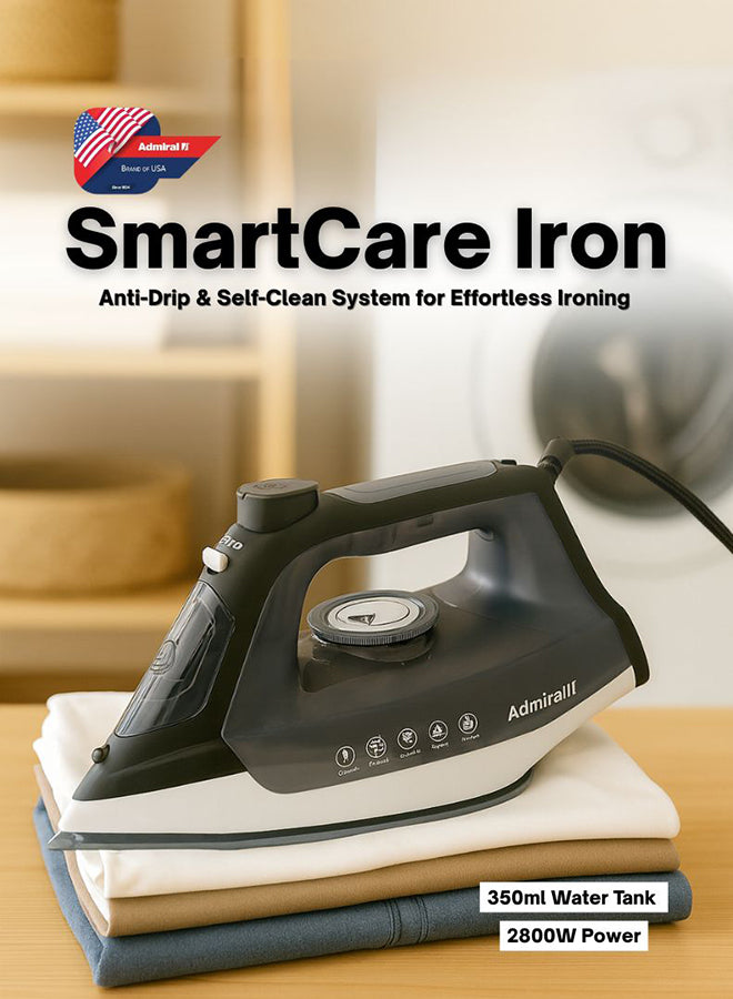 Admiral 2800W Steam Iron with 40g/min Steam Rate, Adjustable Mechanical Temperature Control, 350ml Water Tank, 220-240V – Model ADSI2800R (Black & White)