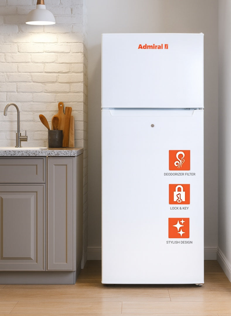 Admiral 220 L Gross / 169 L Net, Double Door Refrigerator, Defrost, R600a Refrigerant, Temperature Control, Inside Light, Inside Condenser, Vegetable Crisper, Bottle Racks, Removable Gasket, Adjustable Foot ADTM22RSP