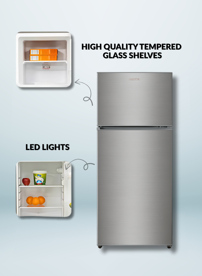 Admiral ADTM35MSP Double Door Top Freezer Refrigerator – 326L Gross Capacity, Sleek Stainless Steel Finish, Frost-Free Cooling, Adjustable Glass Shelves, Low Noise Operation, Energy Efficient – Ideal for Modern Homes & Apartments – Silver ADTM35MSP Inox