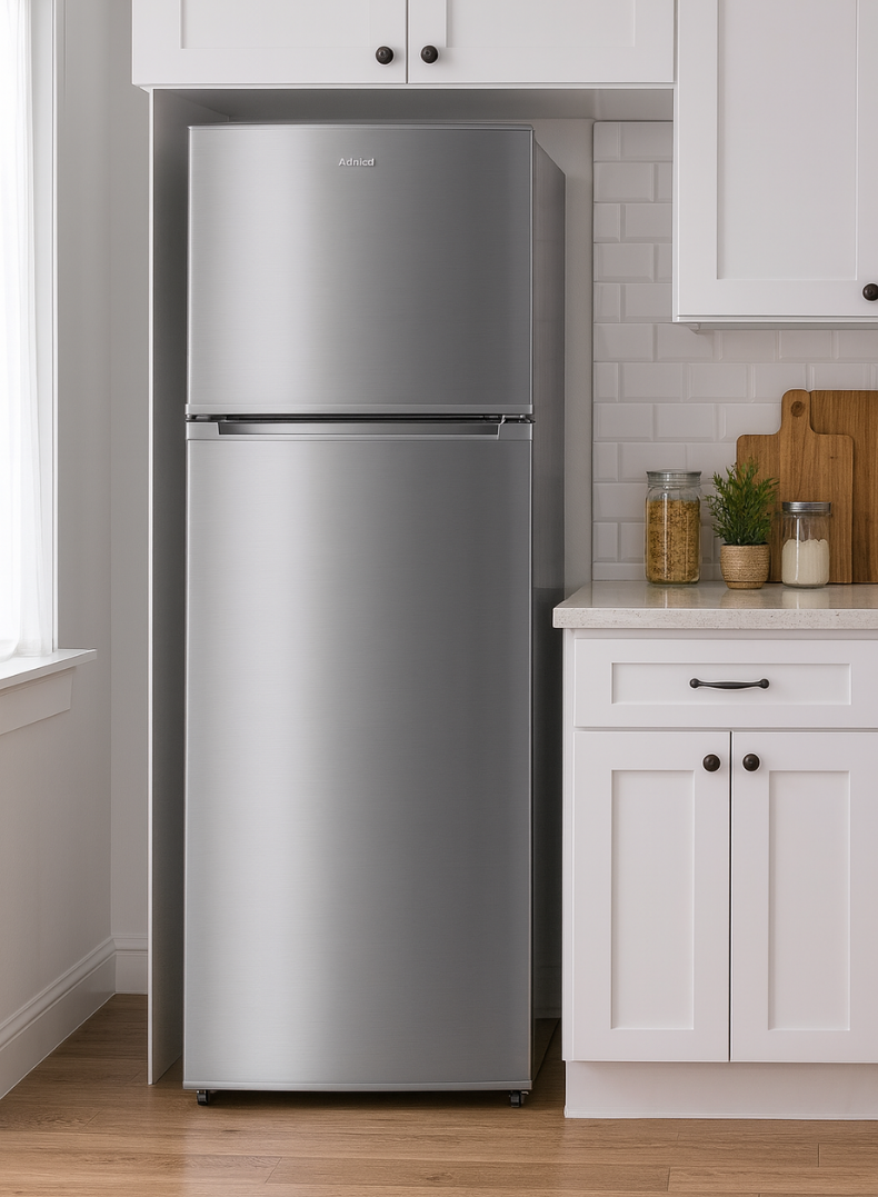 Admiral ADTM45MSP Double Door Top Mount Refrigerator – 450L Gross Capacity, Stainless Steel Finish, Frost-Free Cooling, Adjustable Shelves, Humidity-Control Crisper, Energy Efficient Compressor, Low Noise Operation – Ideal for Large Families – Silver