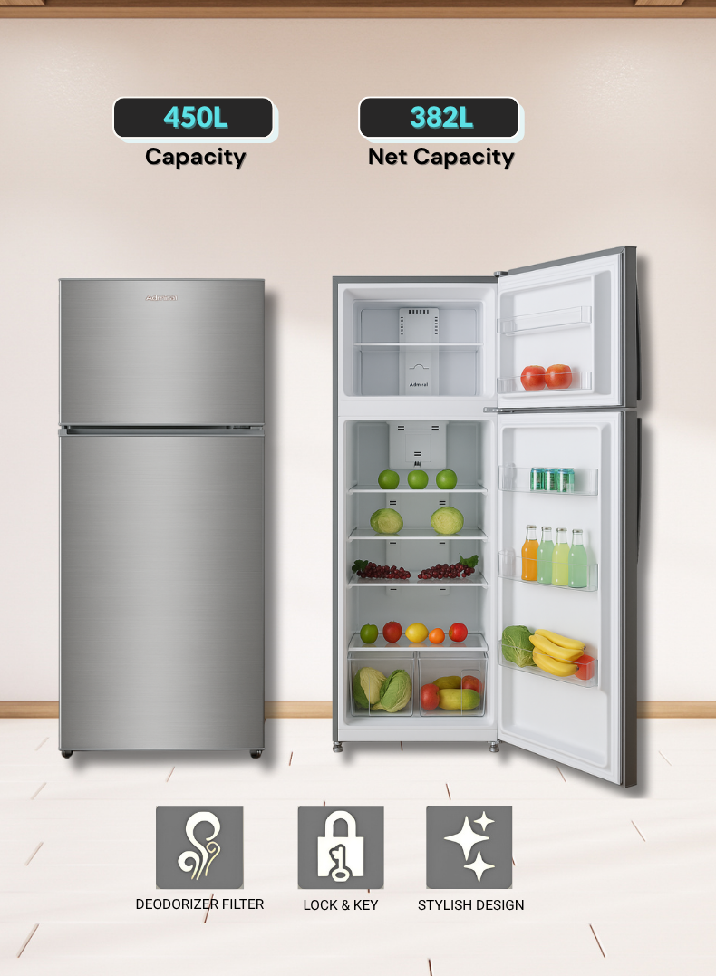 Admiral ADTM45HSP Double Door Top Mount Refrigerator – 450L Gross Capacity, Stainless Steel Finish, Frost-Free Cooling, Adjustable Shelves, Humidity-Control Crisper, Energy Efficient Compressor, Low Noise Operation – Ideal for Large Families.