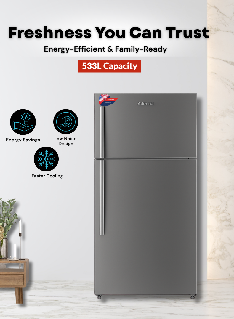 Admiral Top Mount Double Door Refrigerator – 530L Gross Capacity, Premium Stainless Steel Finish, Frost-Free , Multi-Airflow System, Adjustable Shelves, Large Crisper Drawer, Energy Efficient & Low Noise – Silver – Ideal for Large Homes and Kitchens.