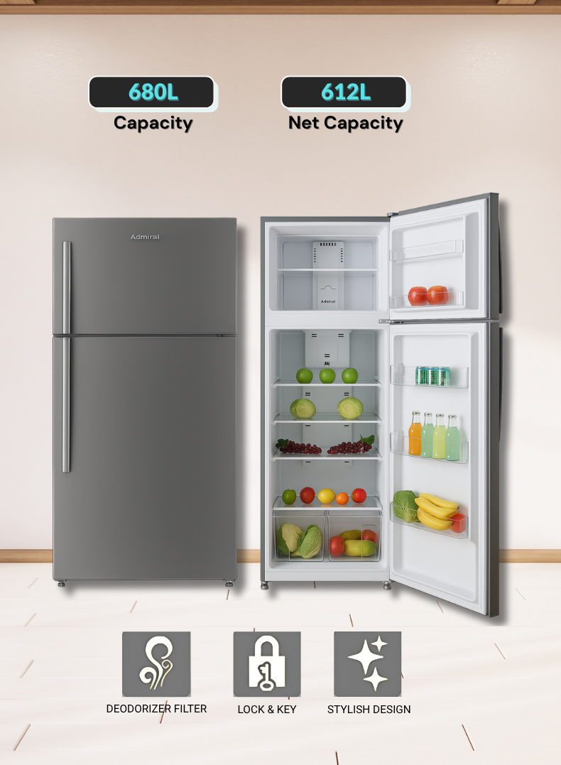 Admiral Refrigerator – 680 Liters Gross / 515 Liters Net Capacity | Energy Efficient R600a Refrigerant, Multi-Air Flow, Adjustable Shelves, LED Lighting, Modern Design for Large Families & Commercial Use ADTM68MSP Inox