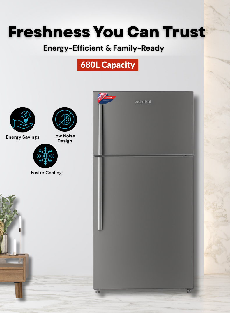 Admiral Refrigerator – 680 Liters Gross / 515 Liters Net Capacity | Energy Efficient R600a Refrigerant, Multi-Air Flow, Adjustable Shelves, LED Lighting, Modern Design for Large Families & Commercial Use ADTM68MSP Inox