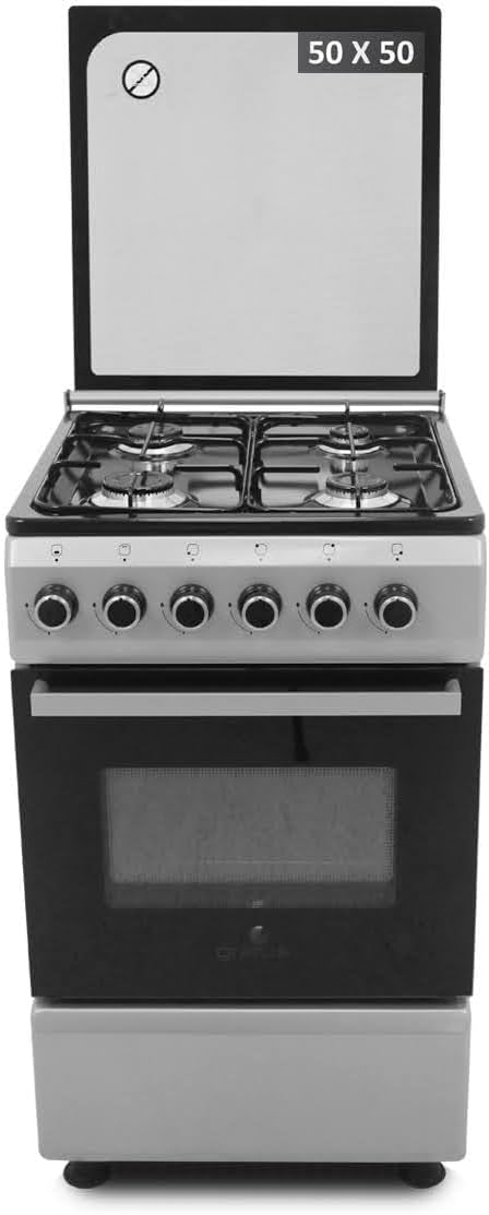 Gratus 50x50 cm Free-Standing Gas Cooker with 4 Euro Burners & Gas Oven – Enamel Pan Supports, Stainless Steel Finish – Model CR55KTSS1-one year warranty.