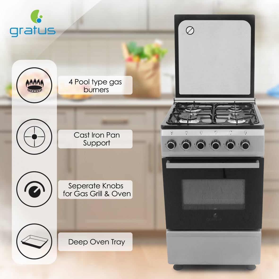 Gratus 50x50 cm Free-Standing Gas Cooker with 4 Euro Burners & Gas Oven – Enamel Pan Supports, Stainless Steel Finish – Model CR55KTSS1-one year warranty.