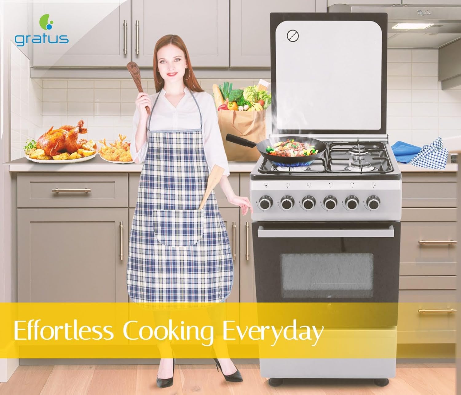 Gratus 50x50 cm Free-Standing Gas Cooker with 4 Euro Burners & Gas Oven – Enamel Pan Supports, Stainless Steel Finish – Model CR55KTSS1-one year warranty.