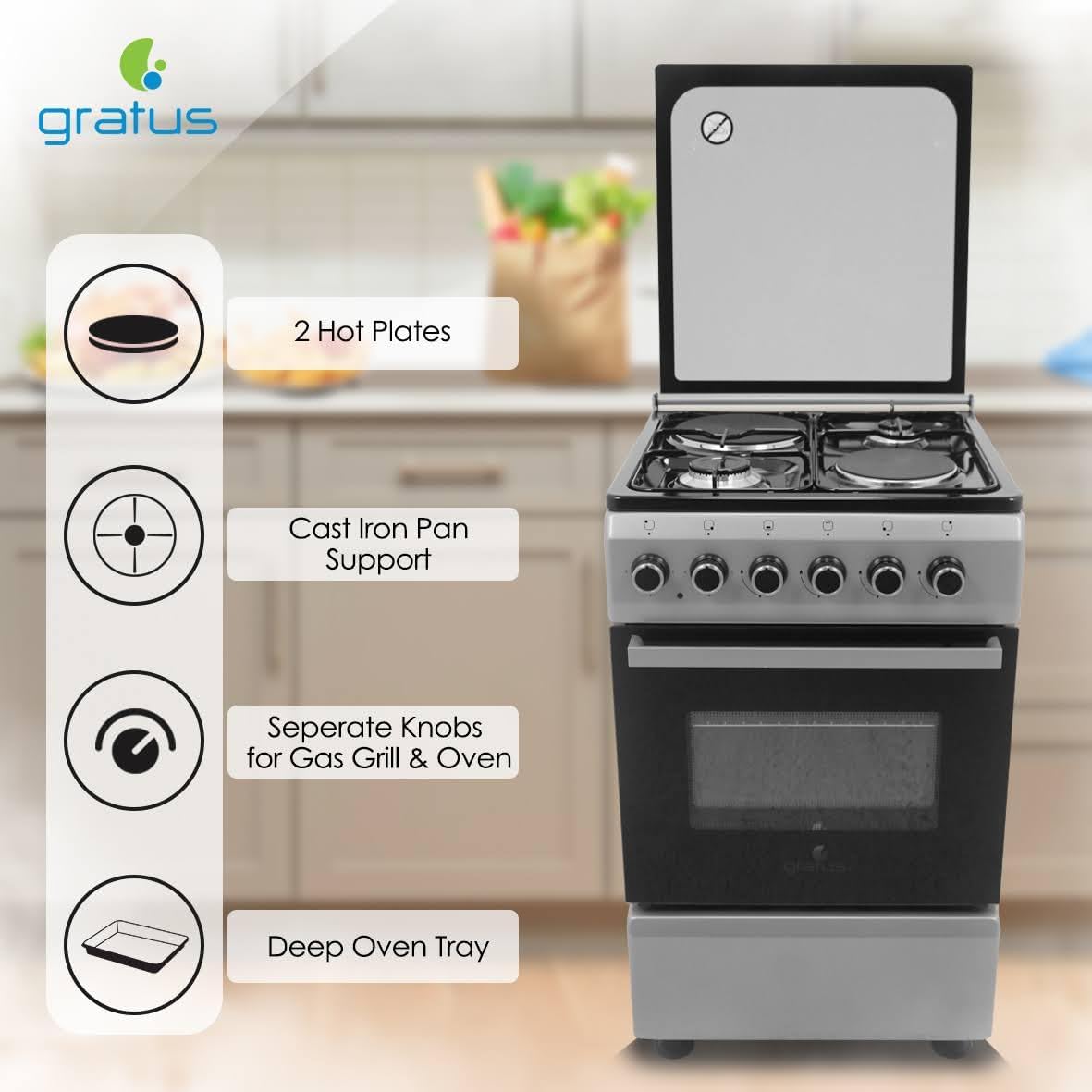 Gratus 50×50 cm Free‑Standing Cooker – 2 Gas Euro Burners + 2 Electric Hot Plates • Gas Oven • Model CRH522KTSS1- One year warranty.