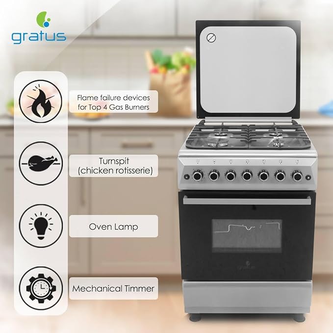 Gratus 60×60 cm Free‑Standing Gas Cooker | 4 Euro‑Style Burners • Turbo‑Fan Oven with Self‑Clean & Digital Timer • Made in Turkey • Model FCR604KTSS1