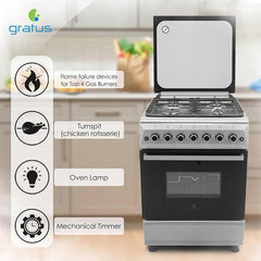 Gratus 60×60 cm Free‑Standing Gas Cooker | 4 Euro‑Style Burners • Turbo‑Fan Oven with Self‑Clean & Digital Timer • Made in Turkey • Model FCR604KTSS1