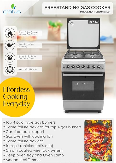 Gratus 60×60 cm Free‑Standing Gas Cooker | 4 Euro‑Style Burners • Turbo‑Fan Oven with Self‑Clean & Digital Timer • Made in Turkey • Model FCR604KTSS1