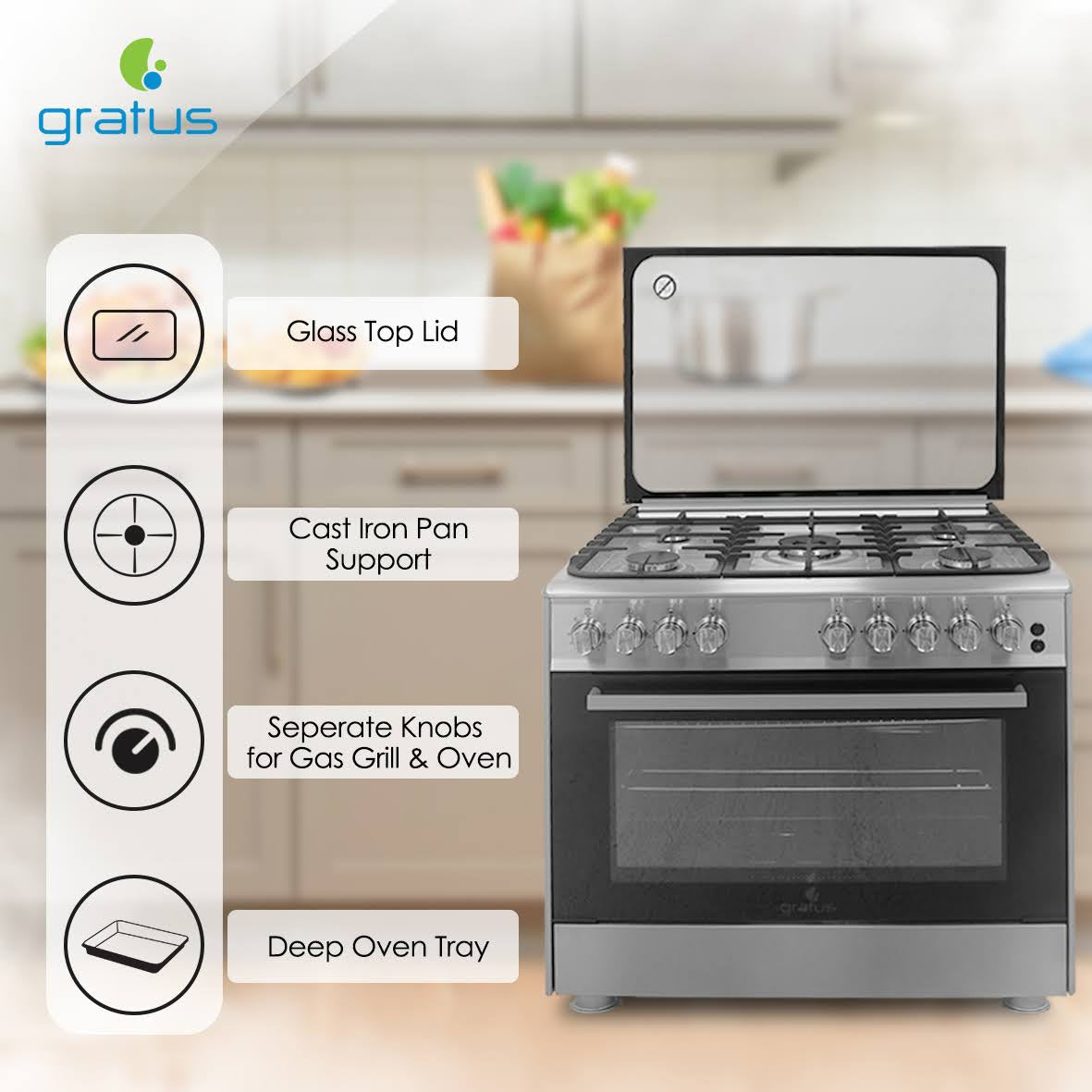 Gratus 90×60 cm Free-Standing Gas Cooker | 5 Euro-Style Burners • Dual Turbo Fan Oven • Self-Cleaning • Cast Iron Grates • Made in Turkey • Model FCR905KTSS1